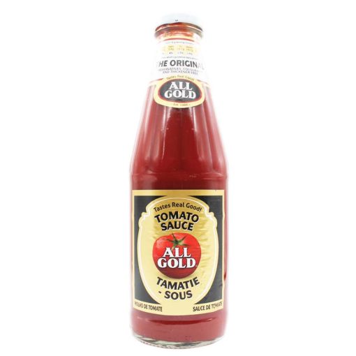 large bottle of all gold tomato sauce on white background