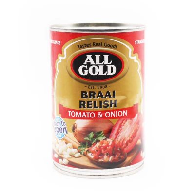 Can of all gold tomato and onion braai relish on white background