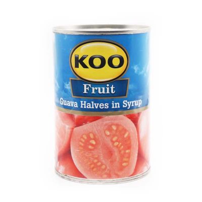koo guava fruit halves in syrup on white background