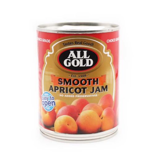 Can of all gold smooth apricot jam on white background